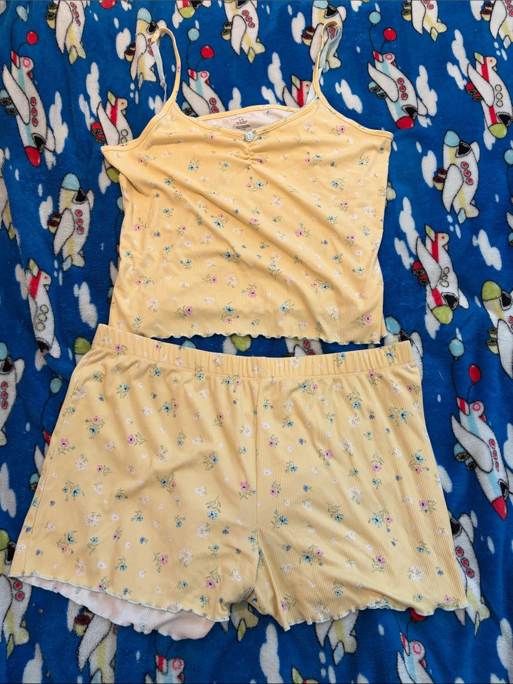 Soft Yellow Floral Ribbed Cami & Shorts Sleep Set